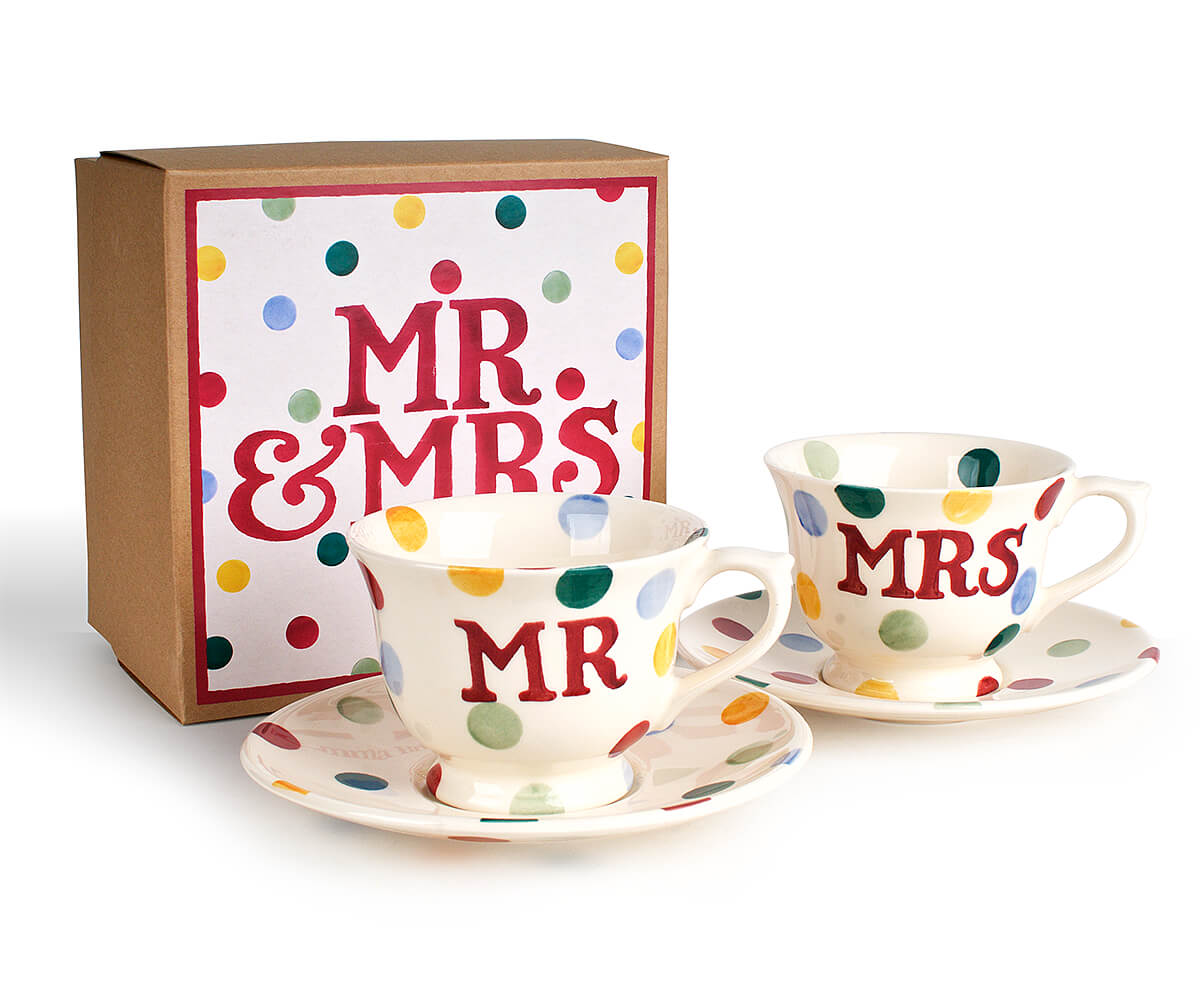 Polka Dot Mr & Mrs Small Cup & Saucer (Gift Boxed)-Clearance-Emma Bridgewater Pottery-USA