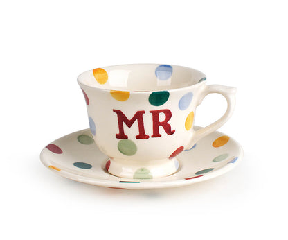 Polka Dot Mr & Mrs Small Cup & Saucer (Gift Boxed)-Clearance-Emma Bridgewater Pottery-USA