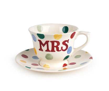Polka Dot Mr & Mrs Small Cup & Saucer (Gift Boxed)-Clearance-Emma Bridgewater Pottery-USA