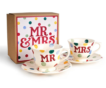 Polka Dot Mr & Mrs Small Cup & Saucer (Gift Boxed)-Clearance-Emma Bridgewater Pottery-USA